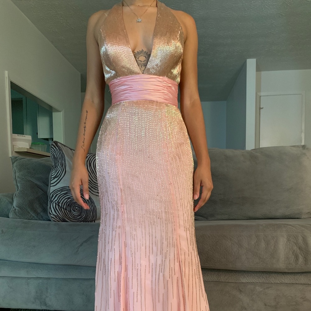 Pink Marilyn Monroe Style Prom Gown Gold Beading 2